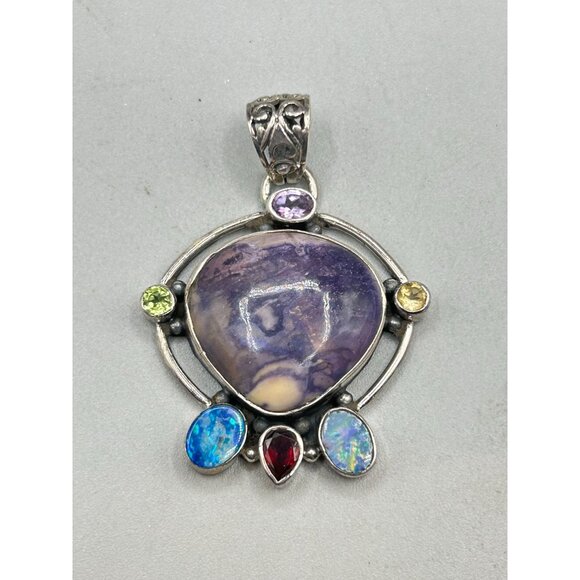 Multi Stone Pendant Sterling Silver 925 Purple Stone Opal and Garnet Handmade - Picture 2 of 6